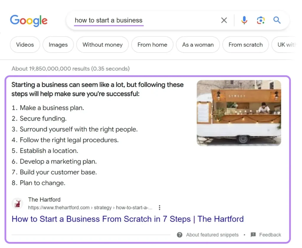How to start a business snippet on google